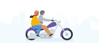 Illustrations of a couple on a motorcycle together, and on the other side another man on a motorcycle